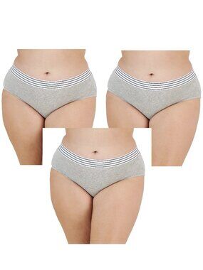 Jenni Women's 3-Pack Plus Size Cotton Blend Hipster Panty Underwear, Gray Stripe